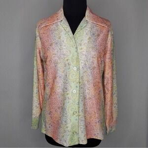Laura Mae Button Top Women 17/18 XL Point Collar 70s Green Pink Floral Poly-Knit